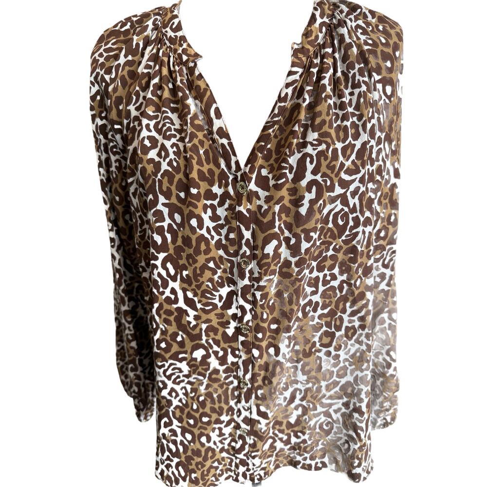 Lilly Pulitzer 100% Silk Large Leopard Print Button Up Long Sleeve Top